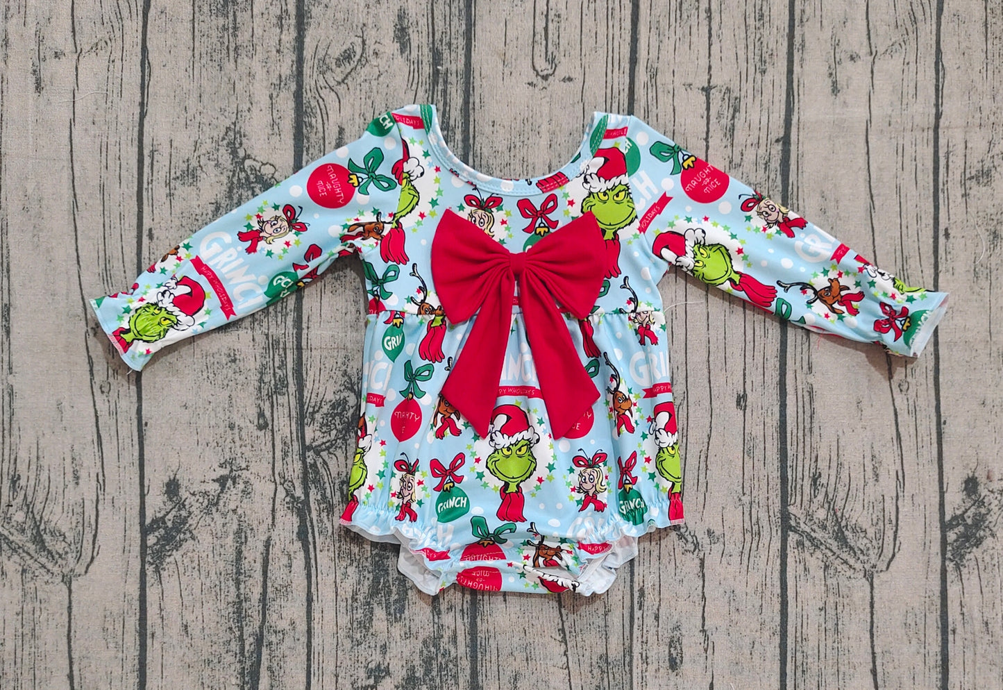 (Pre-order)LR2575 Green Frog Blue Print Baby Girls Christmas Bow Romper