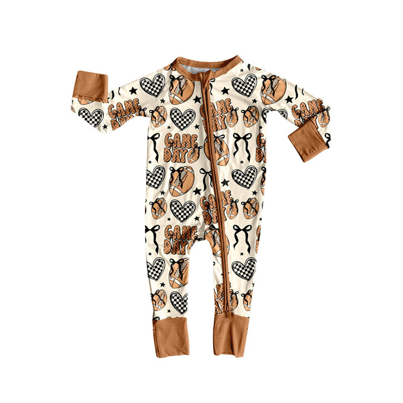 (Pre-order)LR2577 Game Day Football Bows Brown Print Baby Girls Fall Zipper Sleeper Romper