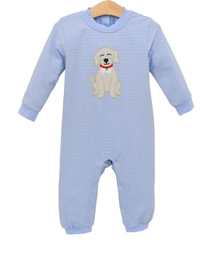 (Pre-order)LR2579 Dog Blue Stripes Print Baby Boys Fall Romper