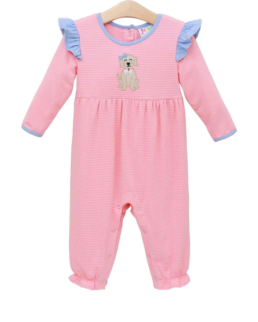 (Pre-order)LR2580 Dog Pink Stripes Print Baby Girls Fall Romper