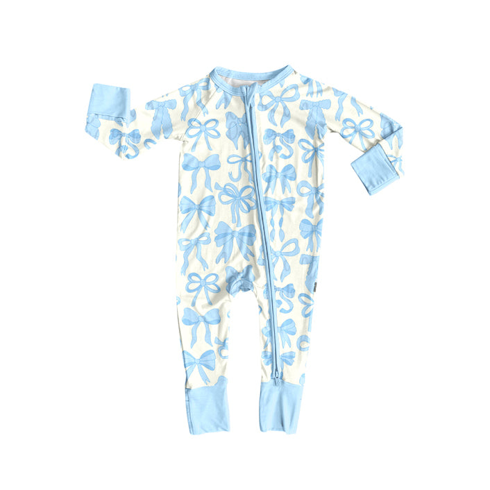 (Pre-order)LR2581 Blue Bows Print Baby Girls Fall Zipper Sleeper Romper