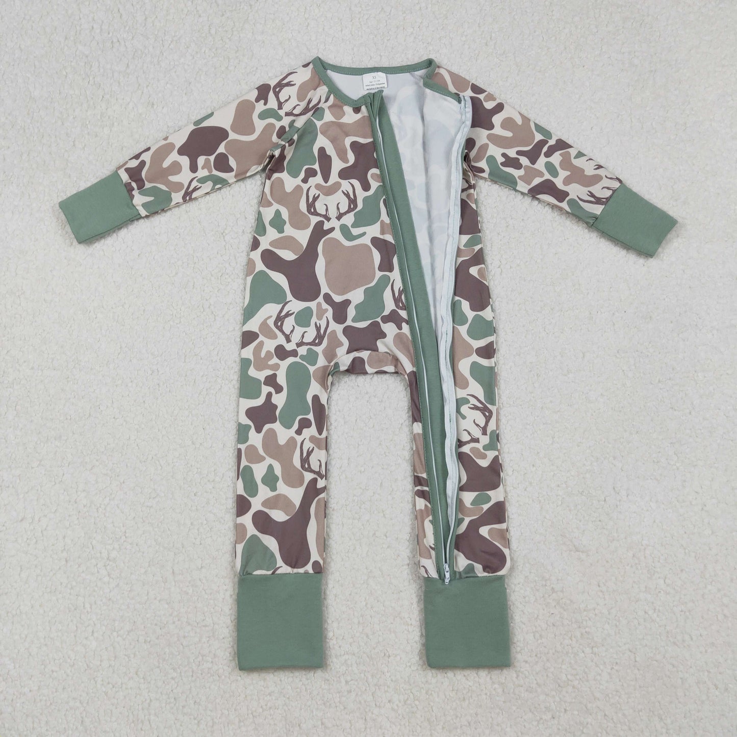 LR2582 Brown Camo Print Baby Boys Fall Zipper Sleeper Romper