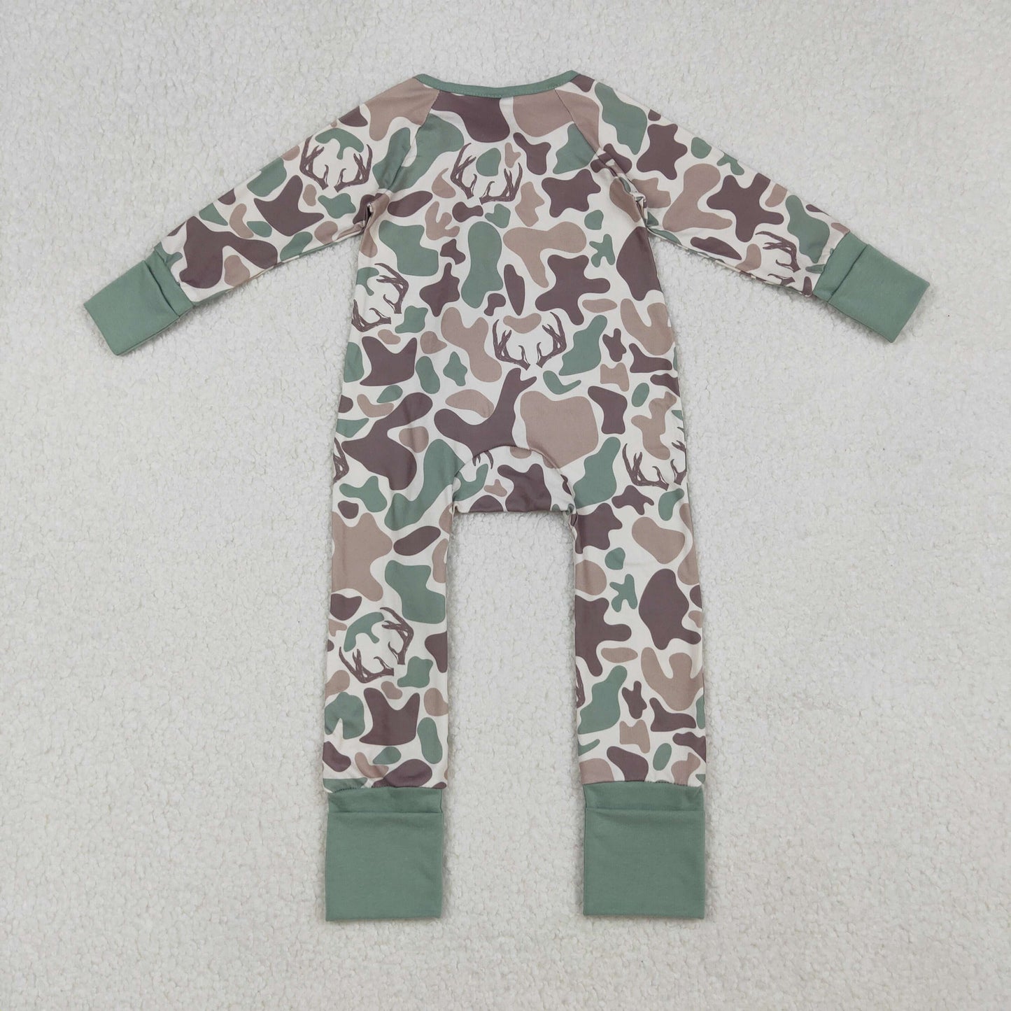 LR2582 Brown Camo Print Baby Boys Fall Zipper Sleeper Romper