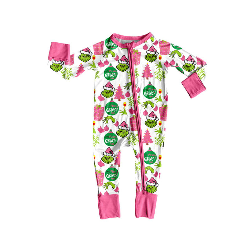 (Pre-order)LR2588 Green Frog Lights Print Baby Girls Christmas Zipper Sleeper Romper