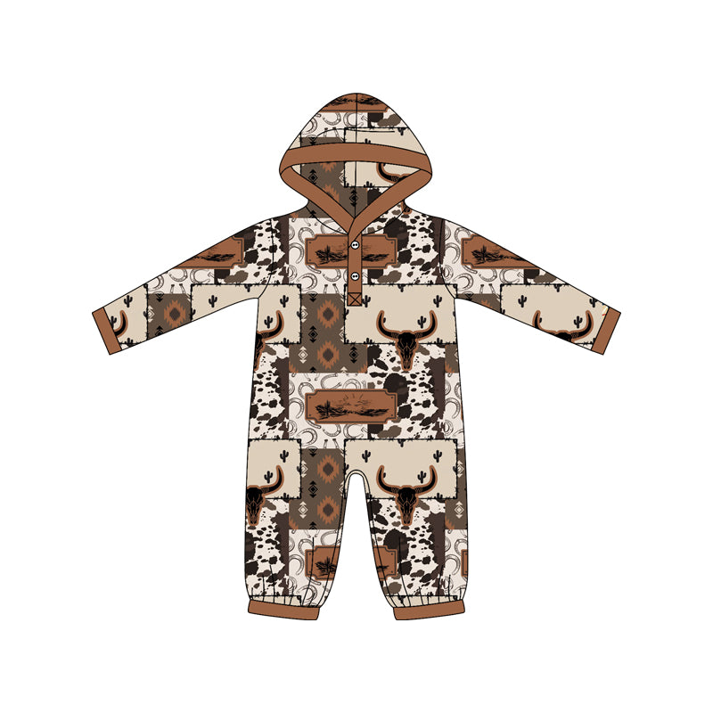 (Pre-order)LR2592 Aztec Skull Print Baby Boys Western Fall Hoodie Romper
