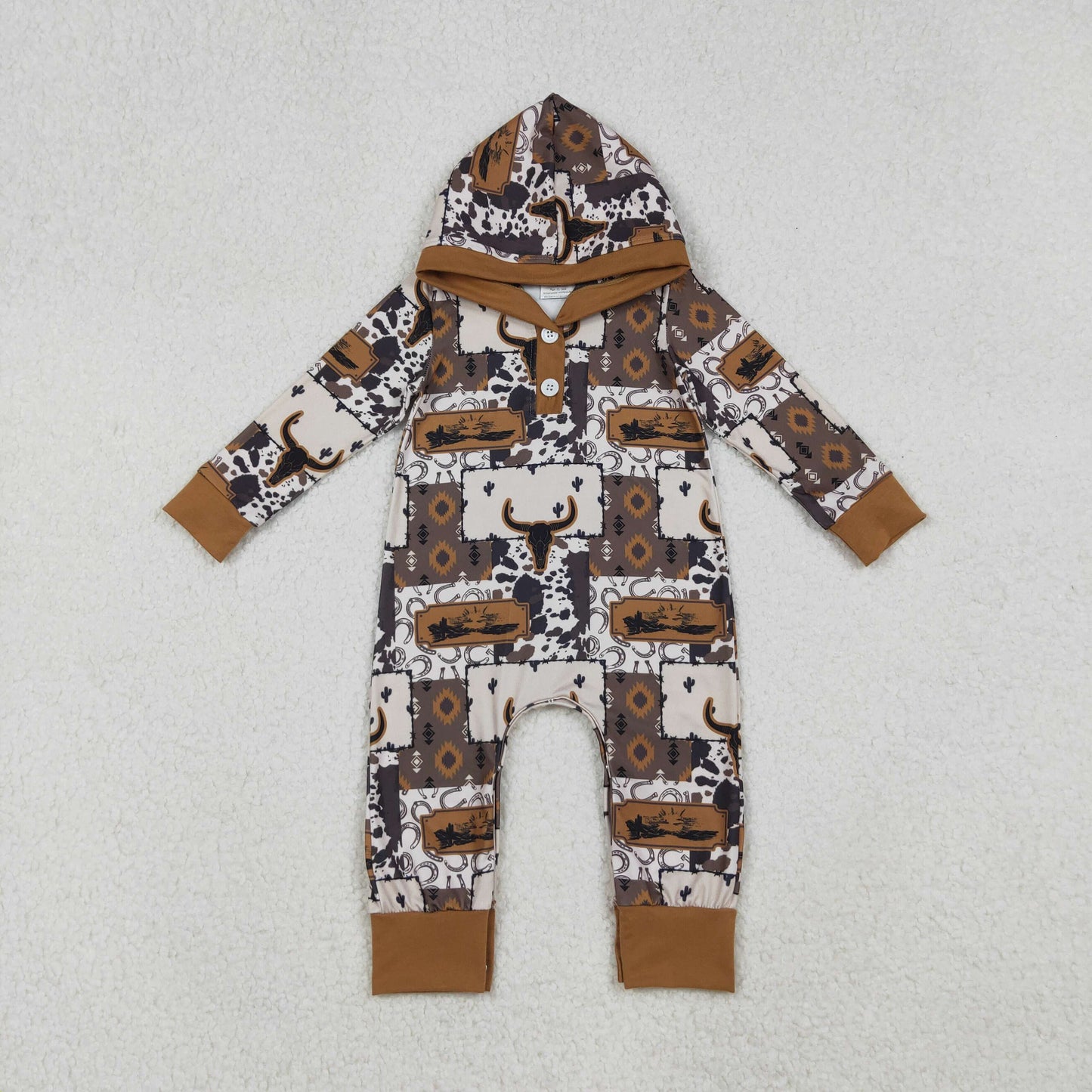 LR2592 Aztec Skull Print Baby Boys Western Fall Hoodie Romper
