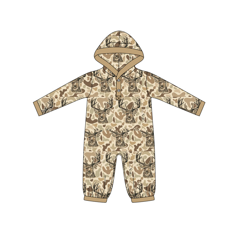(Pre-order)LR2593 Deer Brown Camo Print Baby Boys Fall Hunting Hoodie Romper
