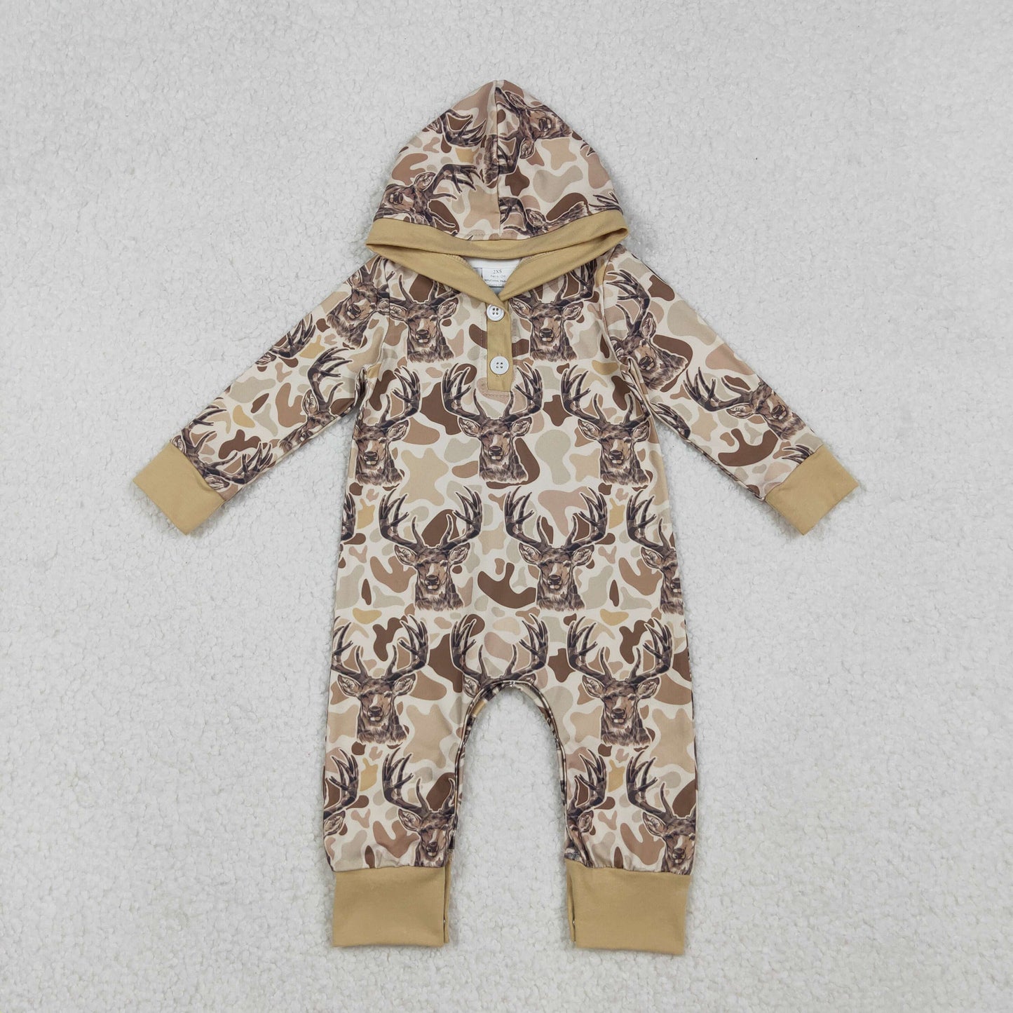 LR2593 Deer Brown Camo Print Baby Boys Fall Hunting Hoodie Romper