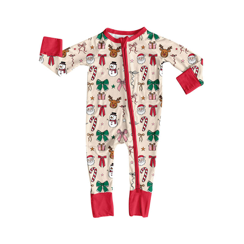 (Pre-order)LR2595 Santa Bows Print Baby Girls Christmas Zipper Sleeper Romper