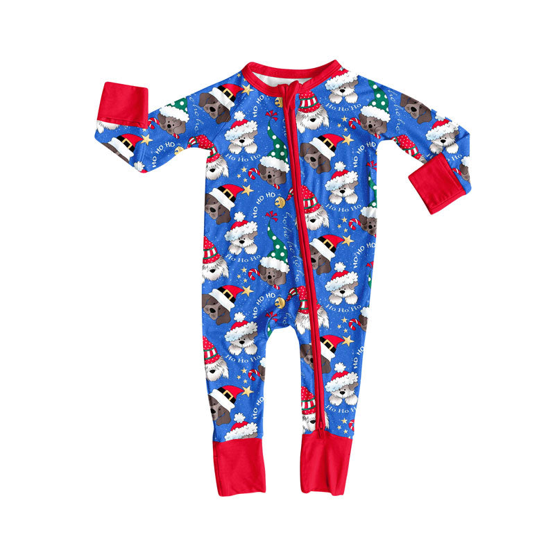 (Pre-order)LR2600 Dog Blue HOHOHO Print Baby Boys Christmas Zipper Sleeper Romper