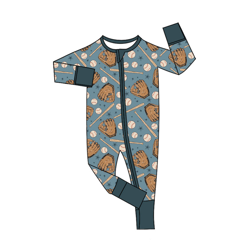 (Pre-order)LR2605 Baseball Print Baby Boys Fall Zipper Sleeper Romper