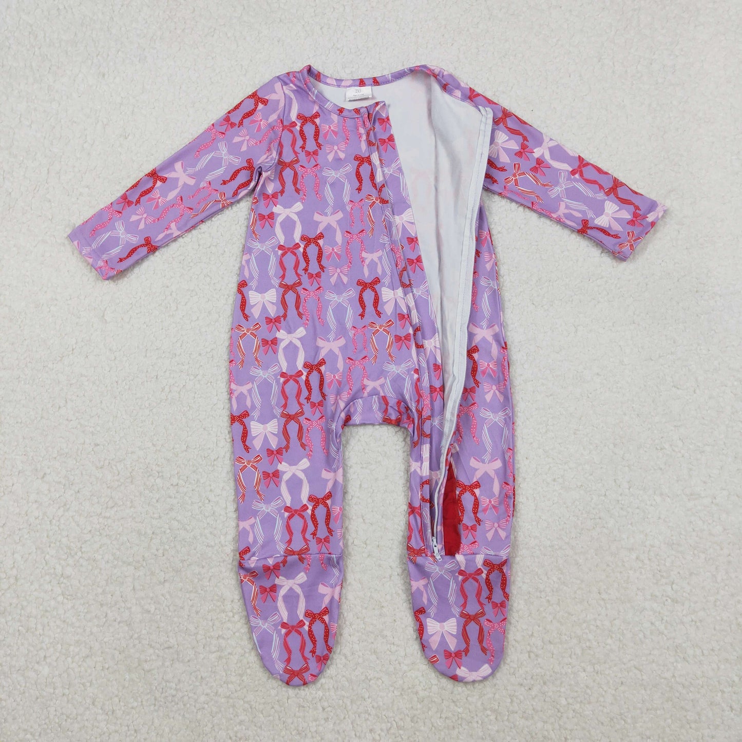 LR2610 Pink Purple Bows Print Baby Girls Fall Zipper Sleeper Footed Romper