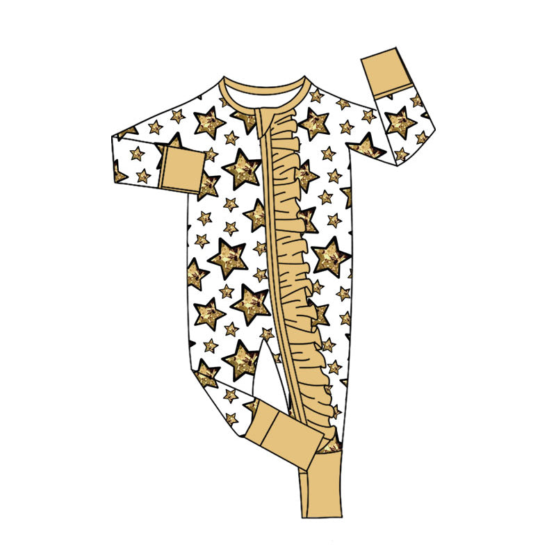 (Pre-order)LR2620 Gold Stars Print Baby Girls Happy New Year Zipper Sleeper Romper