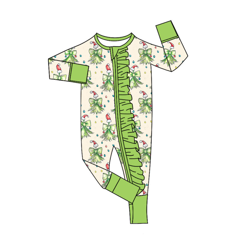 (Pre-order)LR2621 Tree Bows Print Baby Girls Christmas Zipper Sleeper Romper