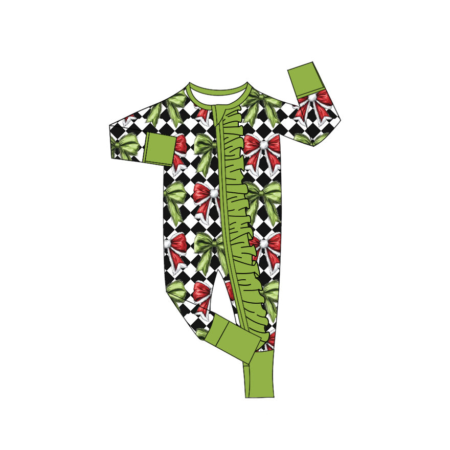 (Pre-order)LR2622 Red Green Bows Plaid Print Baby Girls Christmas Zipper Sleeper Romper