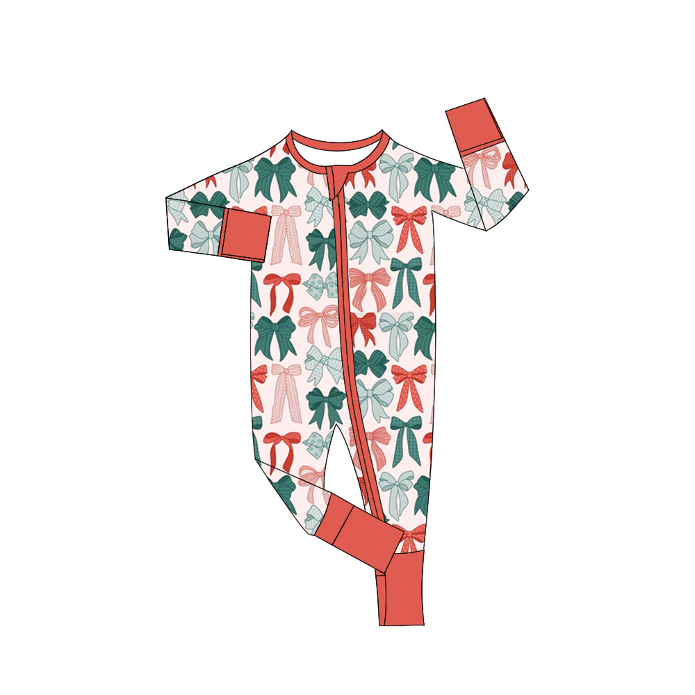(Pre-order)LR2623 Red Green Bows Print Baby Girls Christmas Zipper Sleeper Romper