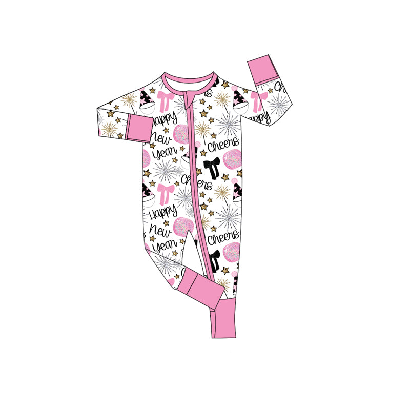 (Pre-order)LR2636 Stars Bows Print Baby Girls Happy New Year Zipper Sleeper Romper