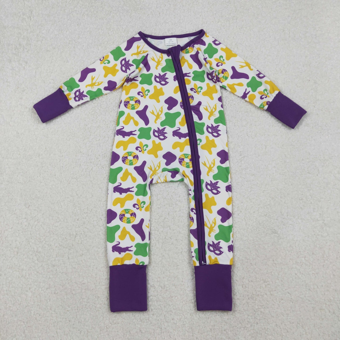 LR2637 Crocodile Mask Camo Print Baby Mardi Gras Zipper Sleeper Romper