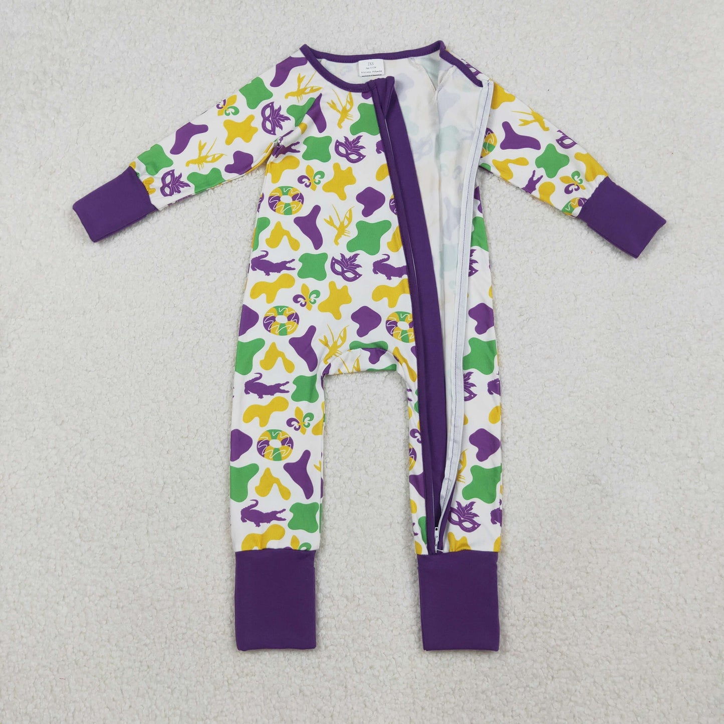 LR2637 Crocodile Mask Camo Print Baby Mardi Gras Zipper Sleeper Romper