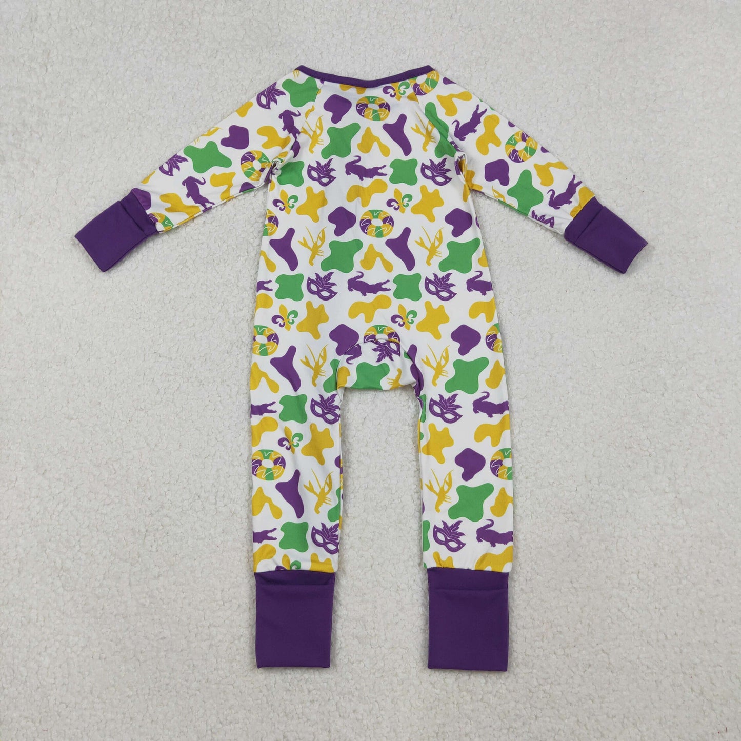 LR2637 Crocodile Mask Camo Print Baby Mardi Gras Zipper Sleeper Romper