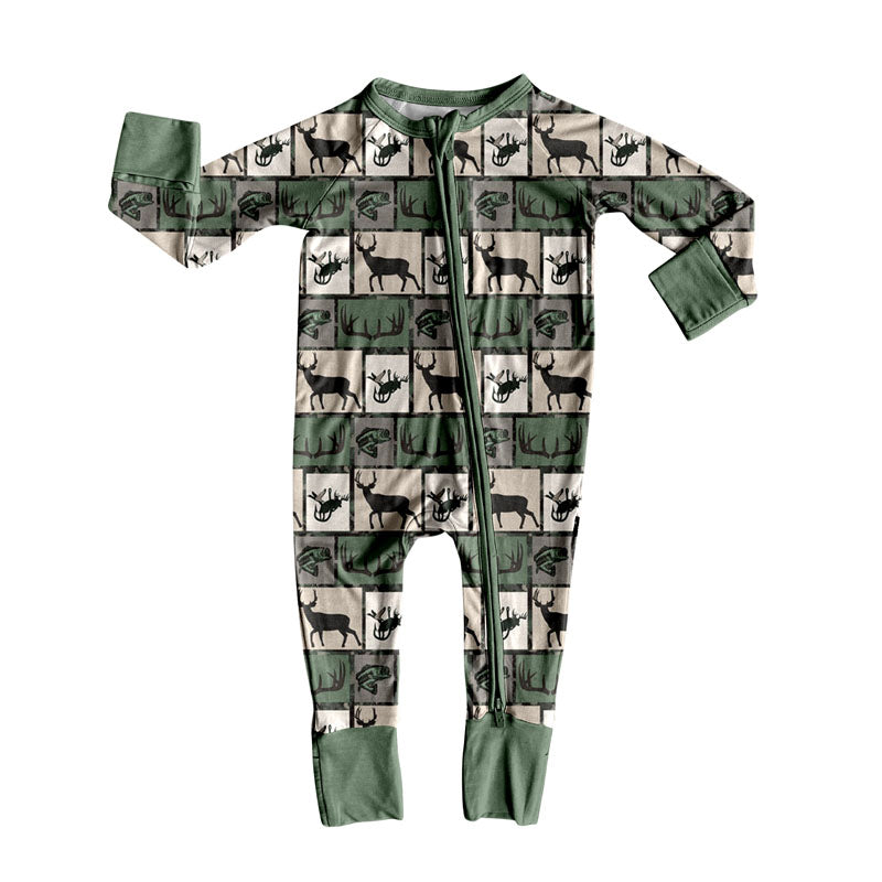 (Pre-order)LR2645 Deer Fish Plaid Print Baby Boys Fall Hunting Zipper Sleeper Romper