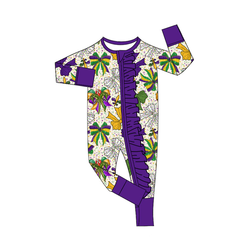 (Pre-order)LR2650 Crayfish Bows Print Baby Girls Mardi Gras Zipper Sleeper Romper