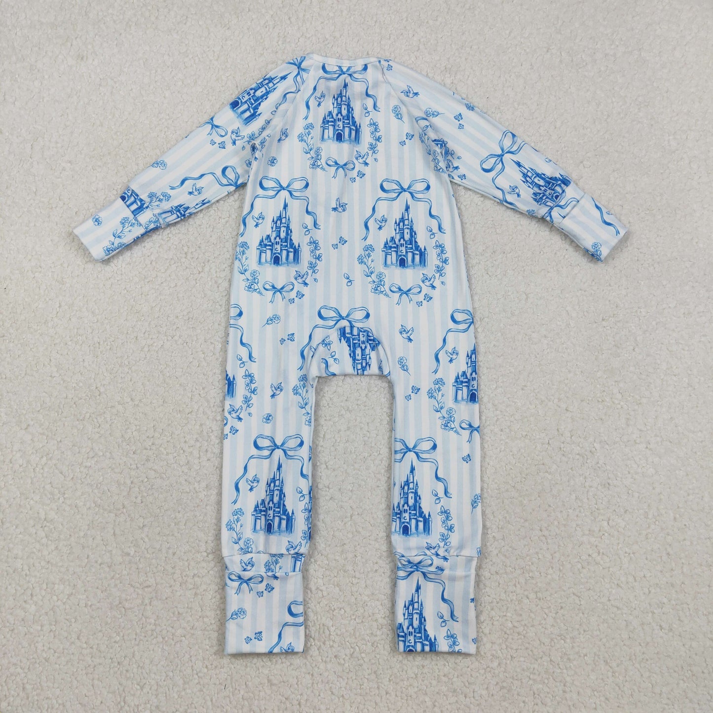 LR2661 Castle Bows Blue Print Baby Girls Zipper Sleeper Romper