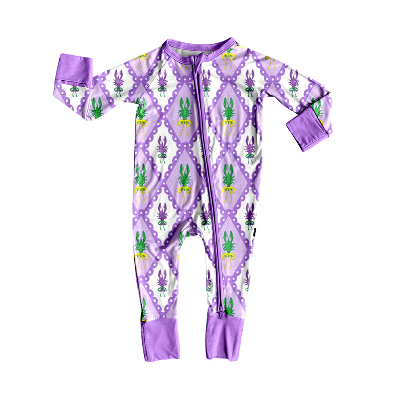 (Pre-order)LR2667 Crayfish Purple Print Baby Girls Mardi Gras Zipper Sleeper Romper