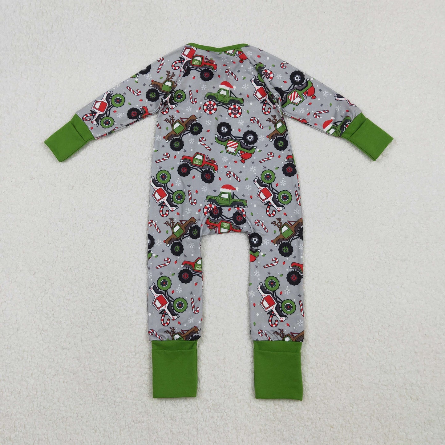 LR2669 Monster Trucks Print Baby Boys Christmas Zipper Sleeper Romper