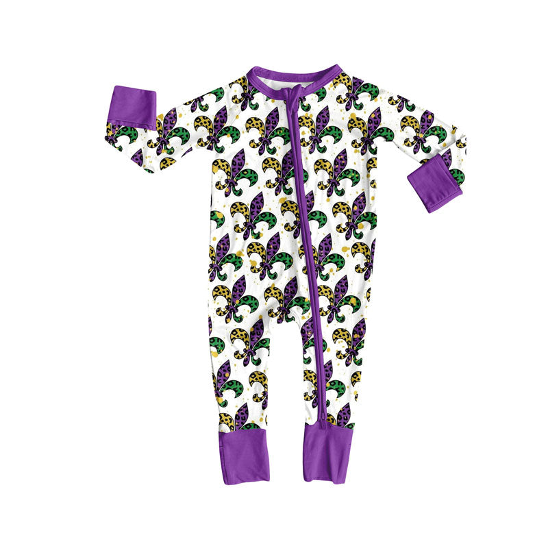 (Pre-order)LR2677 Anchor Leopard Print Baby Girls Mardi Gras Zipper Sleeper Romper
