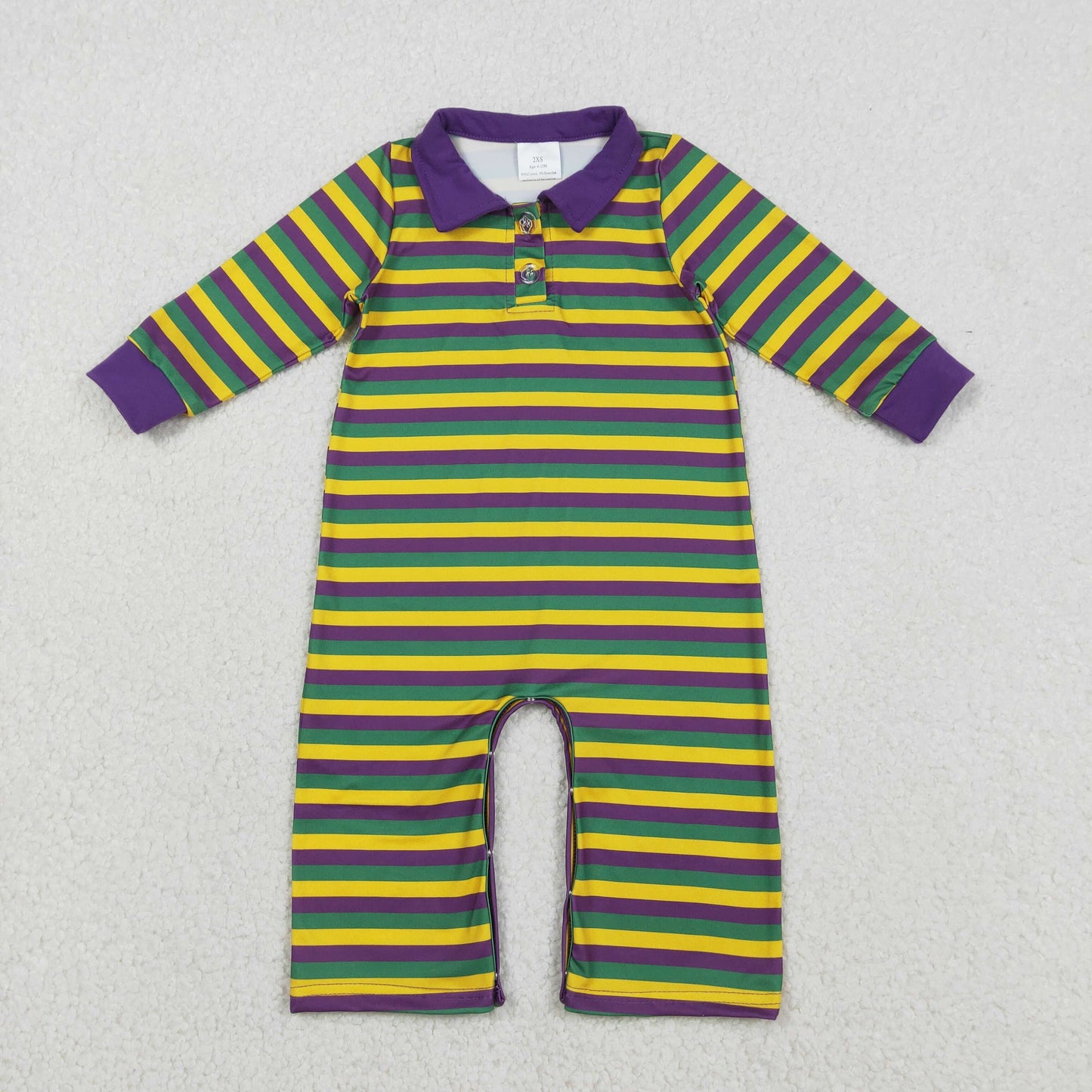 LR2679 Yellow Purple Green Stripes Print Baby Boys Mardi Gras Romper