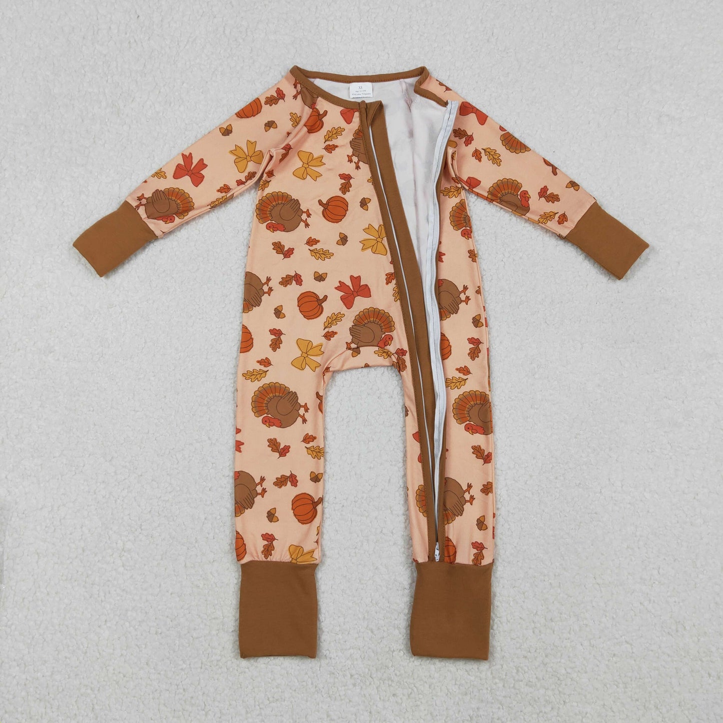 LR2689 Turky Bows Print Baby Girls Thanksgiving Zipper Sleeper Romper
