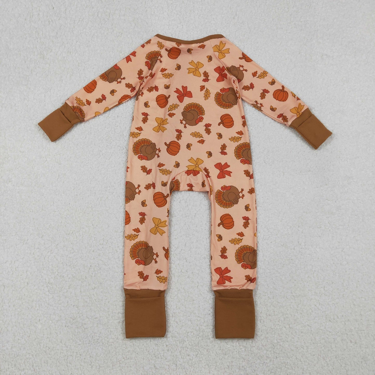 LR2689 Turky Bows Print Baby Girls Thanksgiving Zipper Sleeper Romper