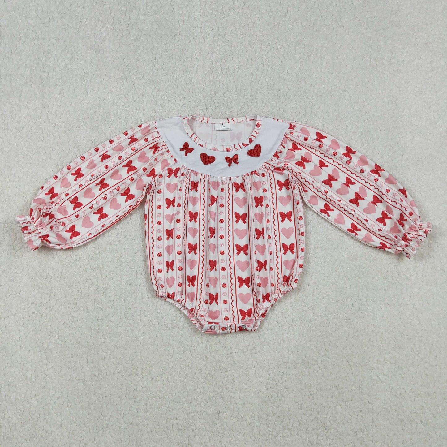 LR2696 Heart Bows Embroidery Pink Print Baby Girls Valentine's Day Bubble Romper