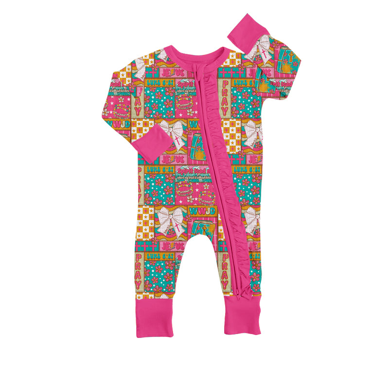 (Pre-order)LR2698 Flowers Bows Cross Jesus Print Baby Girls Easter Sleeper Zipper Romper