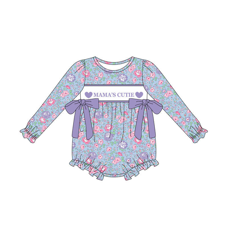 (Pre-order)LR2702 MAMA'S CUTIE Purple Heart Flowers Print Baby Girls Bubble Romper