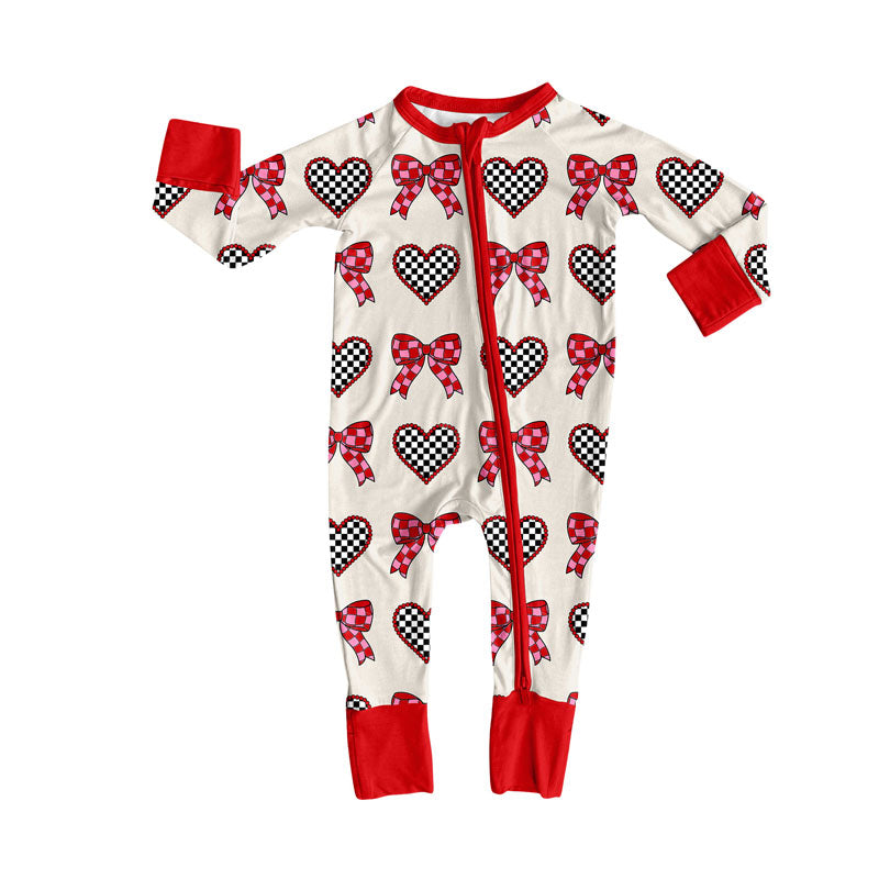 (Pre-order)LR2703 Heart Bows Print Baby Girls Valentine's Day Sleeper Zipper Romper