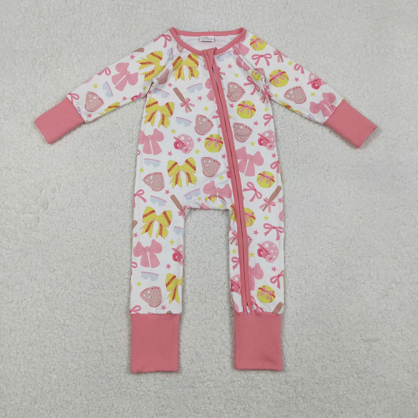 LR2705 Softball Bows Print Baby Girls Fall Sleeper Zipper Romper