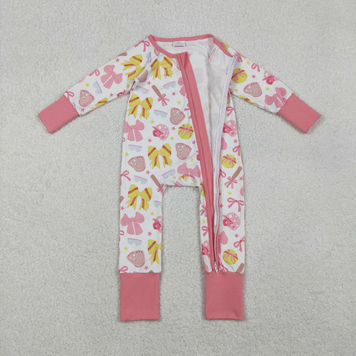 LR2705 Softball Bows Print Baby Girls Fall Sleeper Zipper Romper
