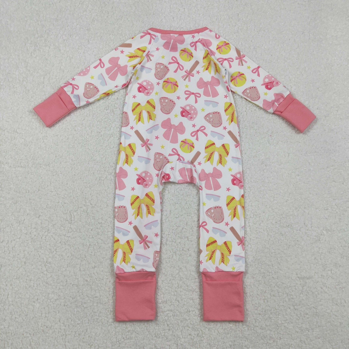 LR2705 Softball Bows Print Baby Girls Fall Sleeper Zipper Romper