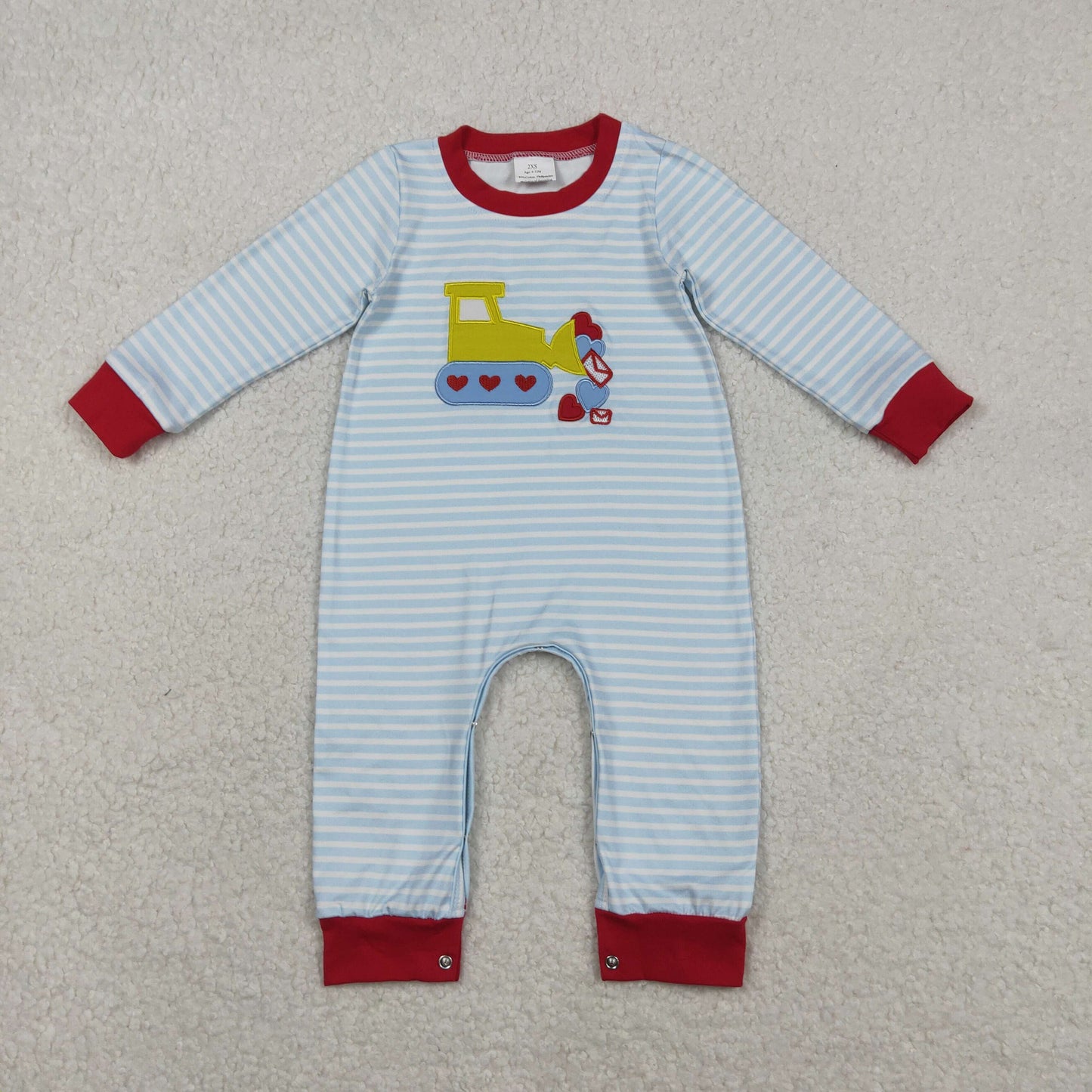 LR2708 Heart Trucks Embroidery Stripes Print Baby Boys Valentine's Day Romper