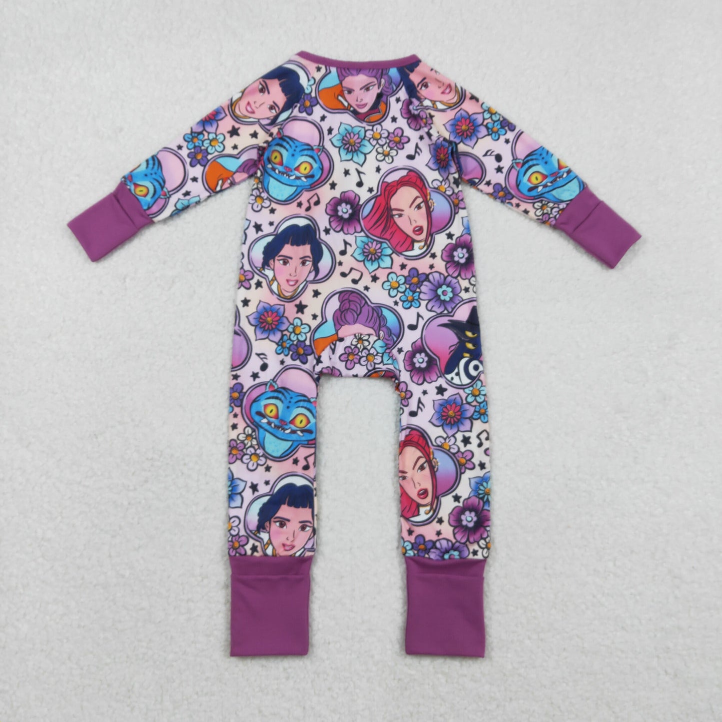 LR2732 Cartoon Demon Movie Flowers Print Baby Girls Zipper Sleeper Romper