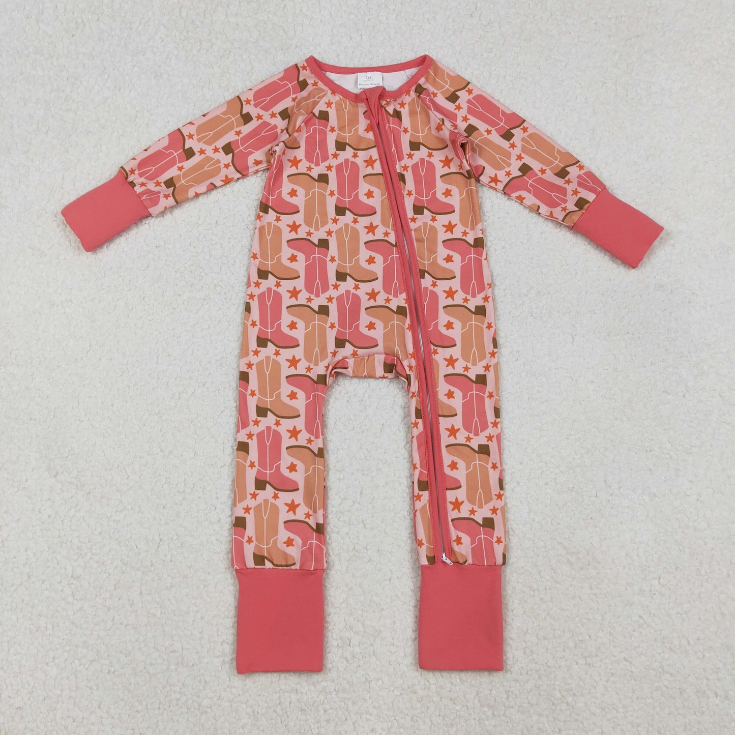 LR2733 Boots Print Baby Girls Western Sleeper Zipper Romper