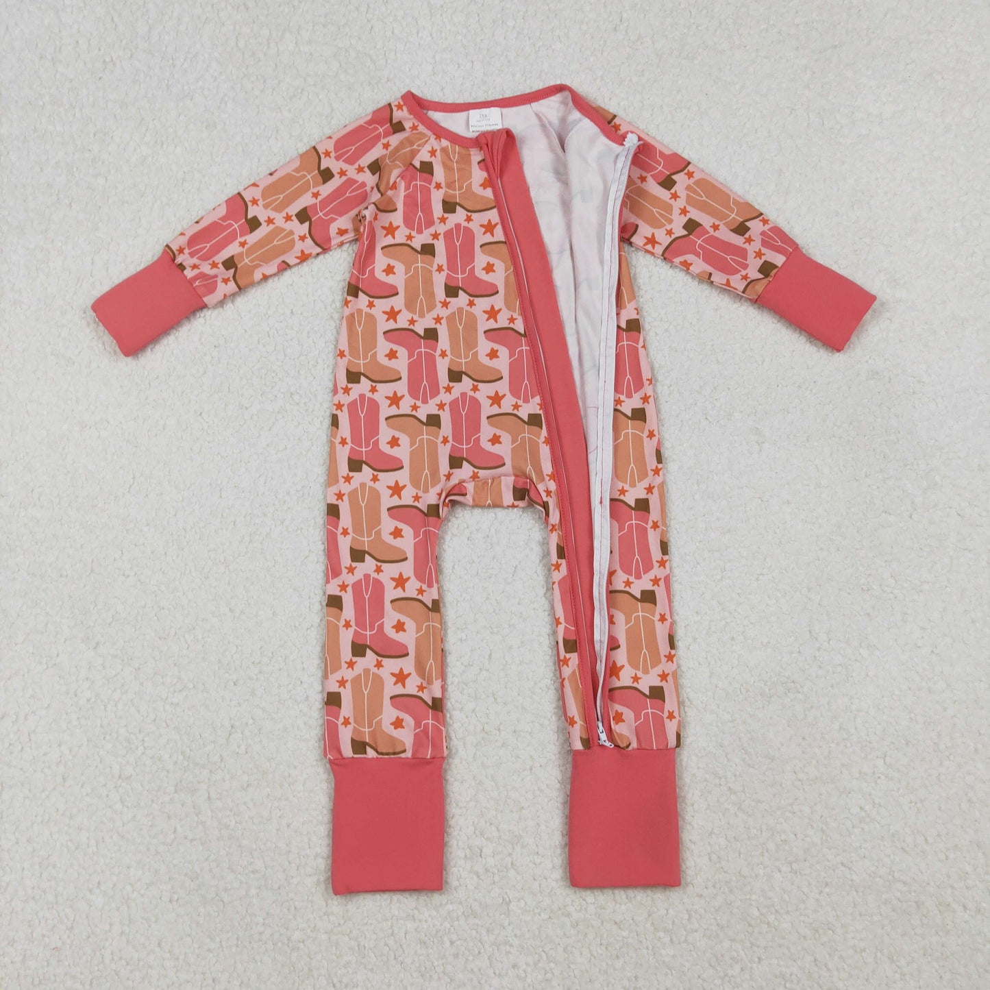 LR2733 Boots Print Baby Girls Western Sleeper Zipper Romper