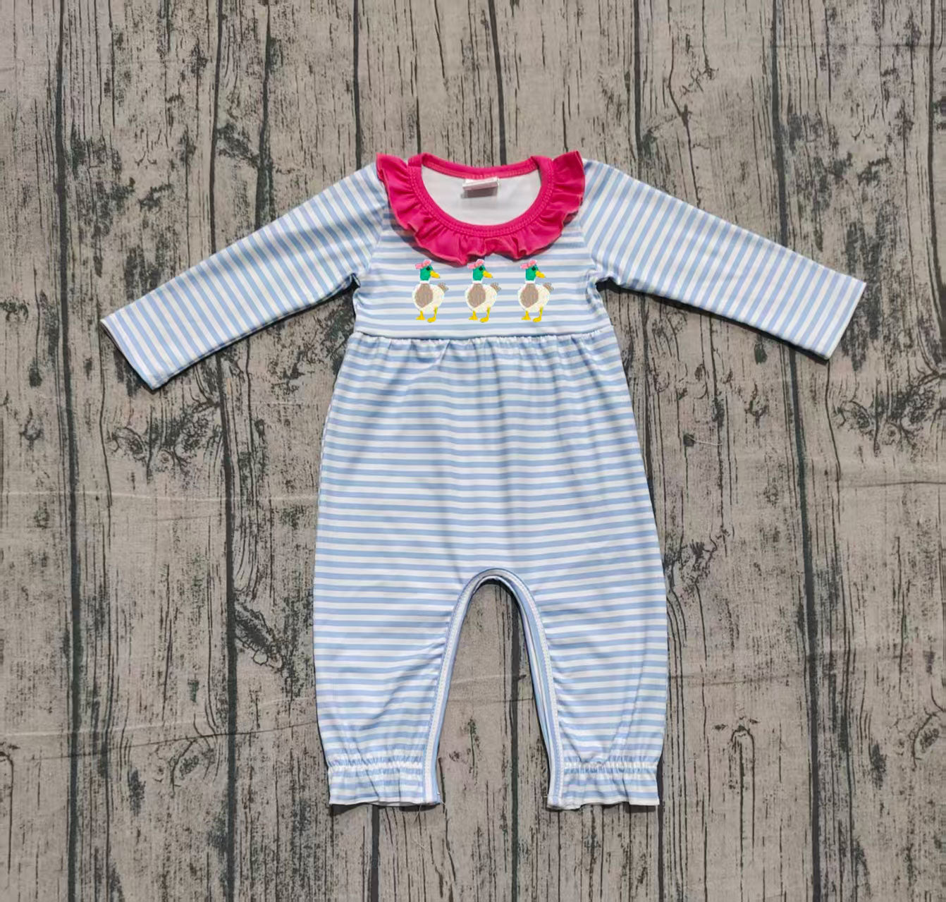 (Pre-order)LR2738 Duck Blue Stripes Print Baby Girls Fall Romper