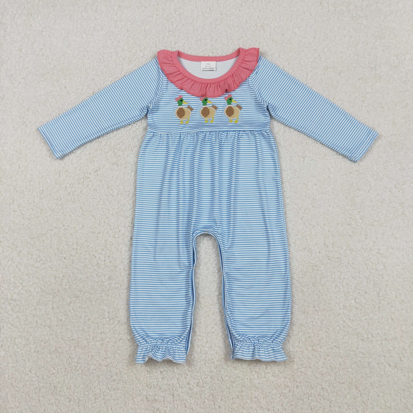 LR2738 Duck Embroidery Blue Stripes Print Baby Girls Fall Romper