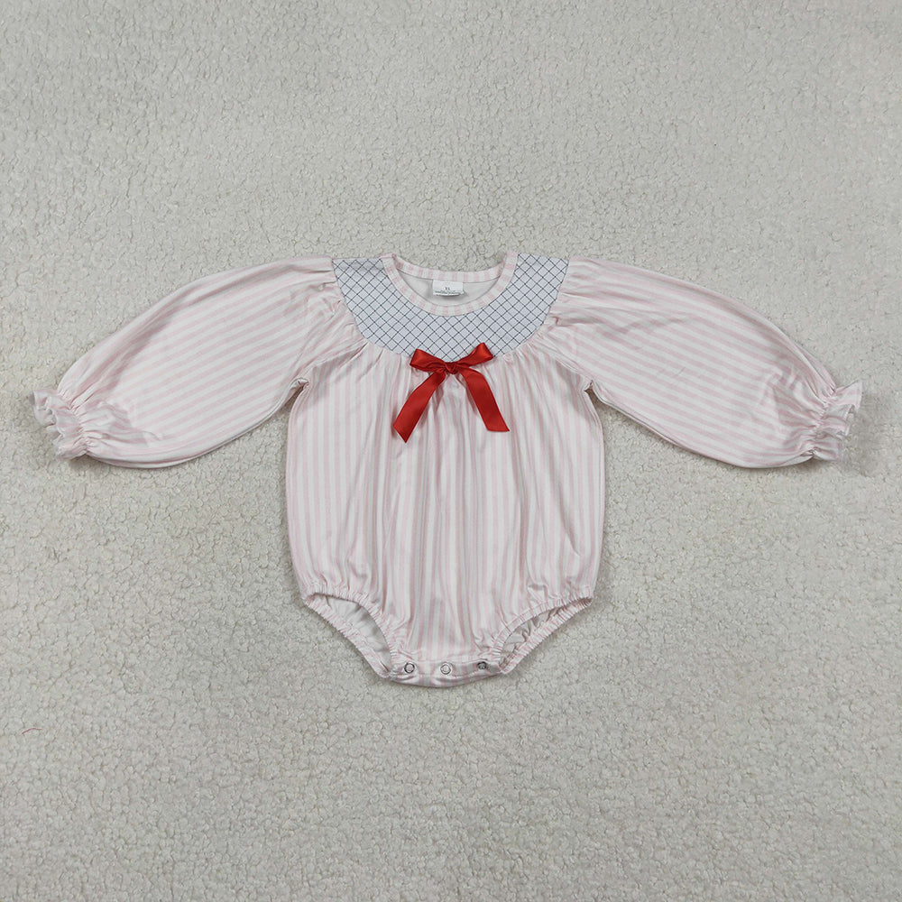 LR2773 Plaid Embroidery Pink Stripes Print Baby Girls Bubble Romper