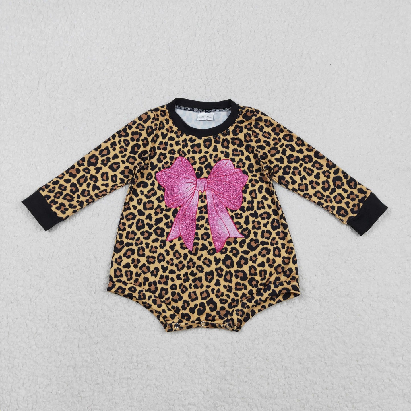 LR2775 Pink Bow Leopard Print Baby Girls Fall Romper