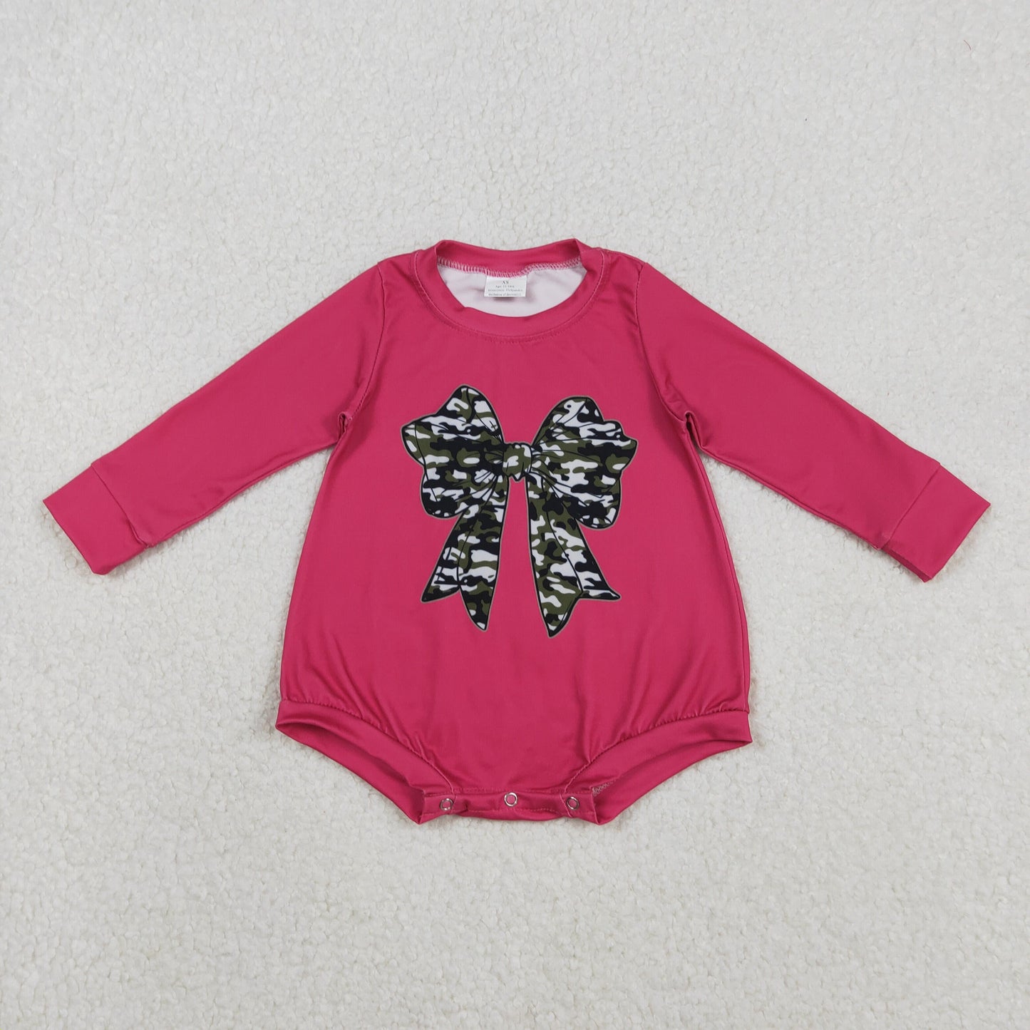 LR2776 Camo Bow Hot Pink Print Baby Girls Long Sleeve Romper