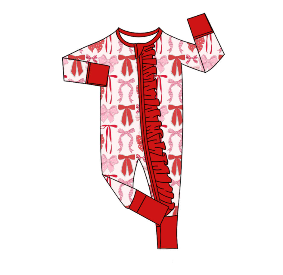 (Pre-order)LR2780 Red Pink Bows Print Baby Girls Valentine's Day Sleeper Zipper Romper